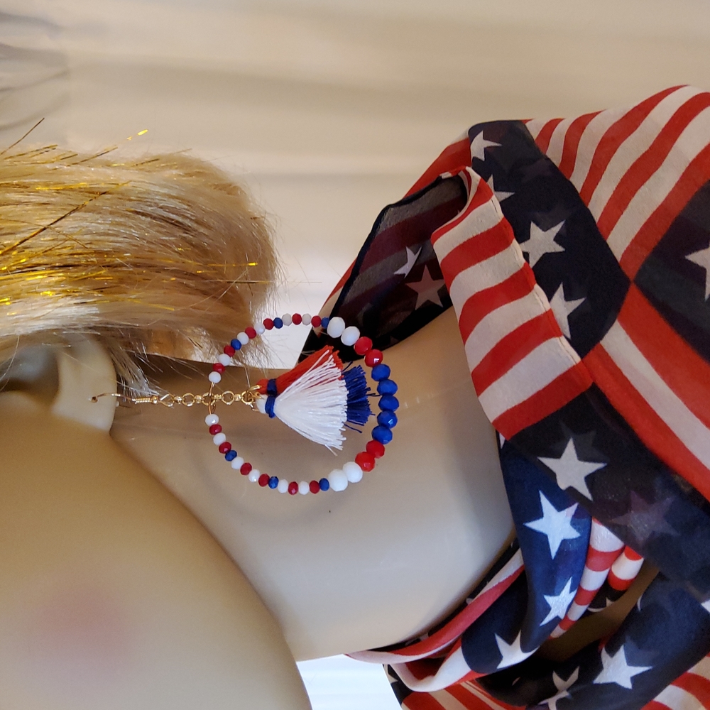 Patriotic  Circle Beaded & Tassel Earrings